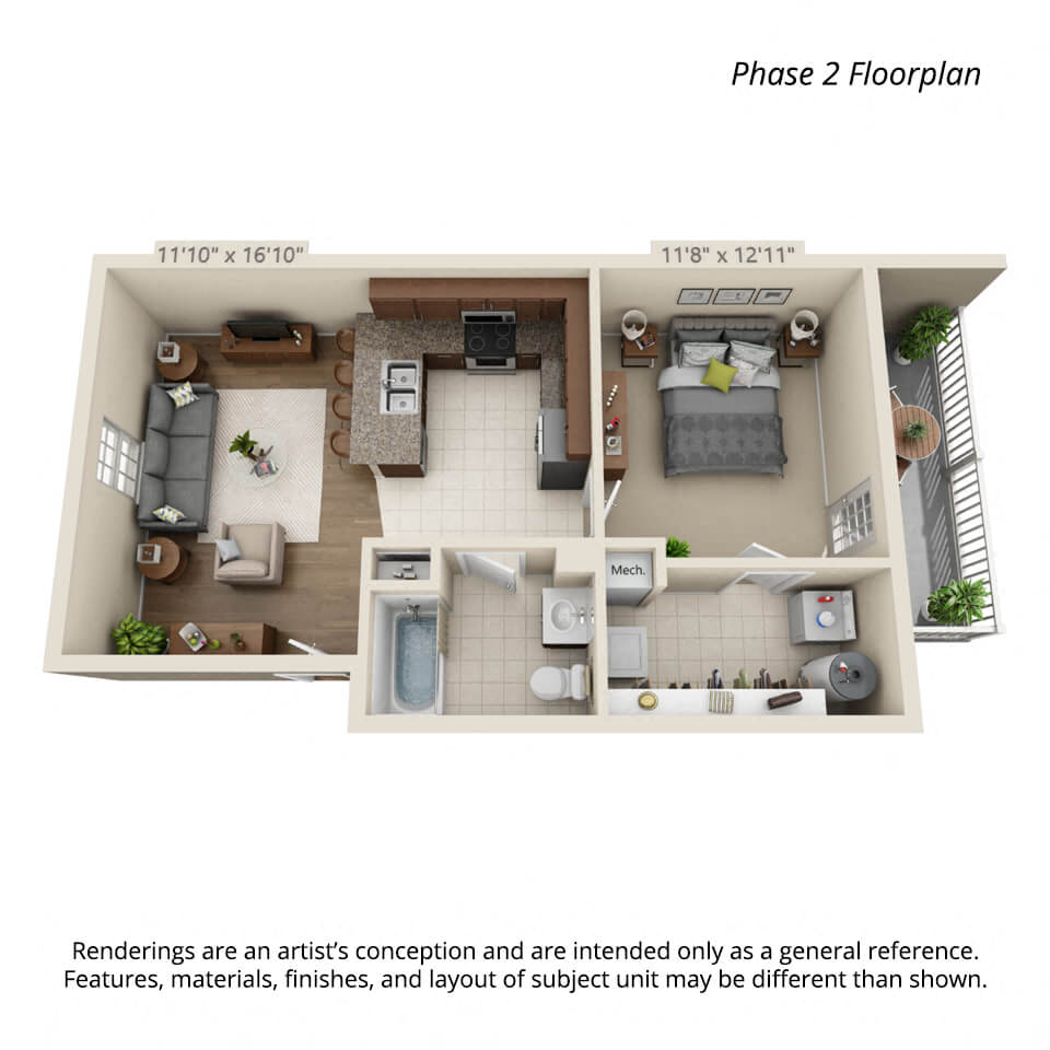Floor plan for 1 bed, 1 bath, 680 sqft